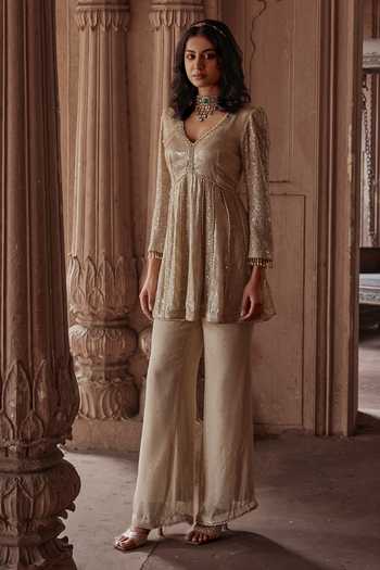 Mustard Moon By Neyha And Vrinda Beige Mukaish Embroidered Tunic & Pant Set 