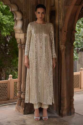 Mustard Moon By Neyha And Vrinda Beige Mirror Embroidered Kurta Set 