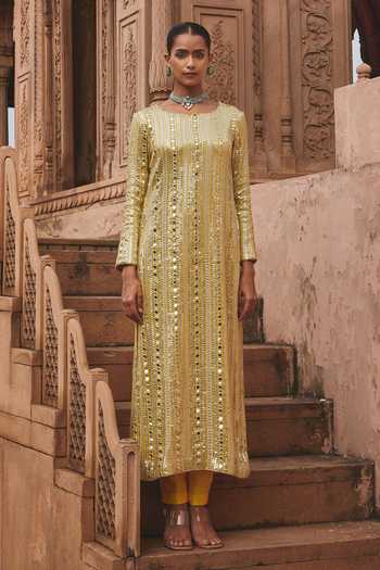 Mustard Moon By Neyha And Vrinda Yellow Mirror & Sequin Embroidered Kurta Set 