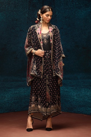 Rajdeep Ranawat Black Ajrakh Printed Draped Skirt 