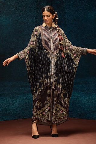 Rajdeep Ranawat Black Botanical Asymmetric Kaftan 