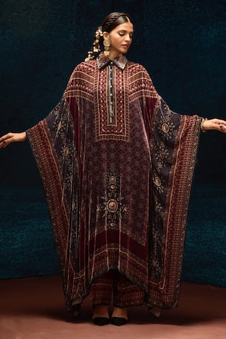 Rajdeep Ranawat Maroon Ajrakh Print Kaftan 