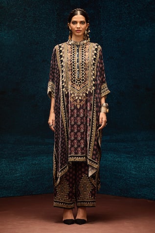 Rajdeep Ranawat Burgundy Ajrakh Printed Asymmetric Kurta 