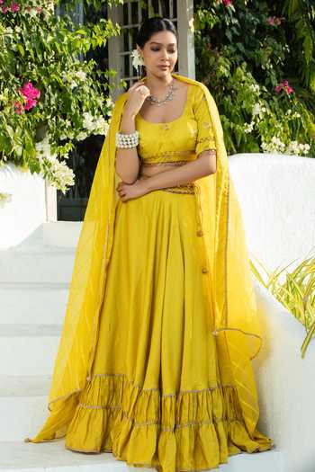 Monk & Mei By Sonia Anand Yellow Tiered Pleated Lehenga Set 