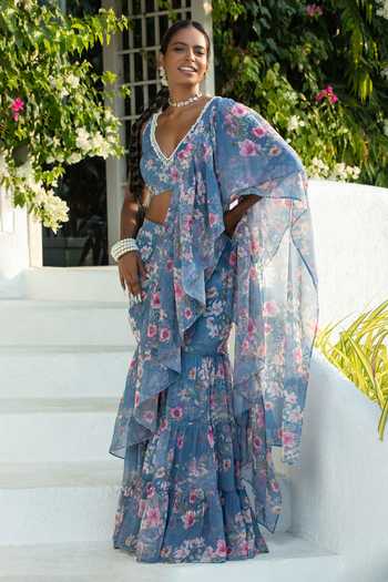 Monk & Mei By Sonia Anand Floral Print Pre-Draped Ruffle Sharara Saree 