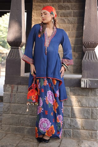 Kahani Lush Floral Embroidered Kurta & Dhoti Skirt Set 