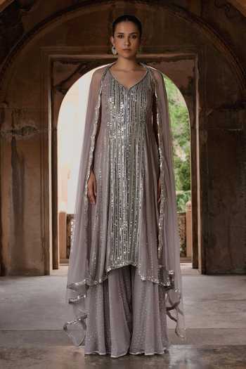 Mustard Moon By Neyha And Vrinda High Low Mirror Embroidered Kurta Sharara Set 