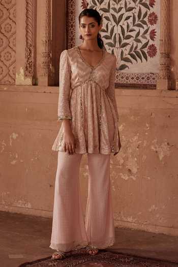 Mustard Moon By Neyha And Vrinda Peach Mukaish Embroidered Tunic & Pant Set 