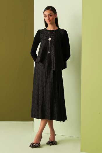Pleats By Aruni Textured Black Top & Skirt Set 