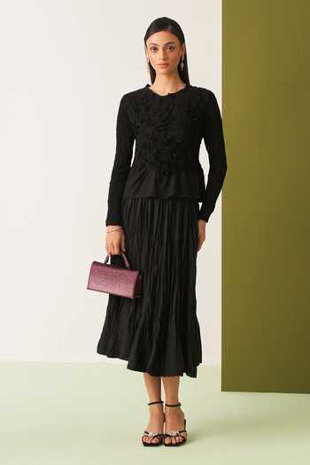 Pleats By Aruni Crinkled Black Top & Skirt Set 