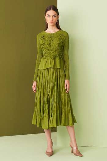 Pleats By Aruni Lime Green Textured Top & Skirt Set 