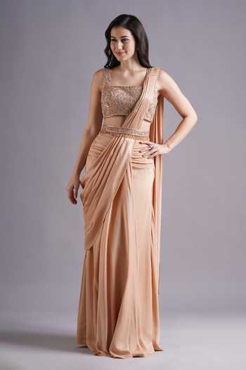 Maisolos Brown Flora Embroidered Pre-Draped Saree Set 