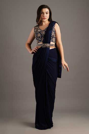 Maisolos Floral Embroidered Pre-Draped Saree Set 