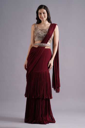 Maisolos Maroon Gathered Frilly Pre-Draped Saree Set 