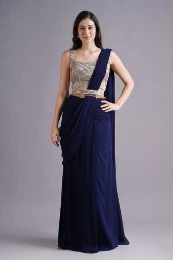 Maisolos Synodic Wave Blue Pre-Draped Saree Set 