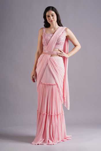 Maisolos Frill Tiered Pink Pre-Draped Saree Set 