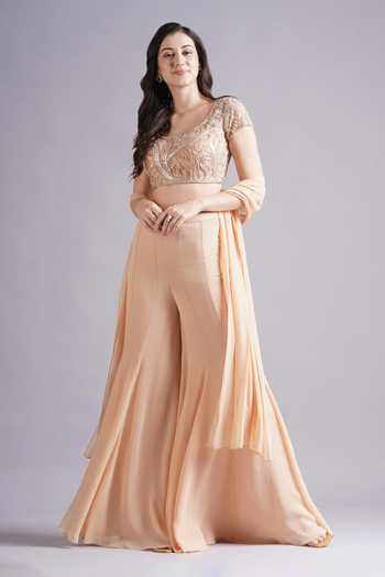Maisolos Floral Embroidered Peach Blouse & Sharara Set 
