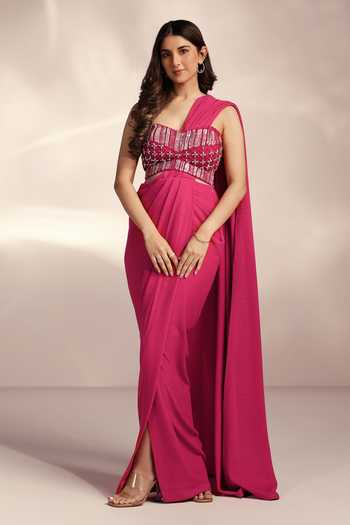 Label Moni K Hot Pink Pre-Draped Slit Saree Set 