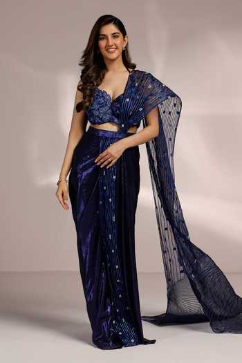 Label Moni K Metallic Blue Pre-Draped Saree Set 