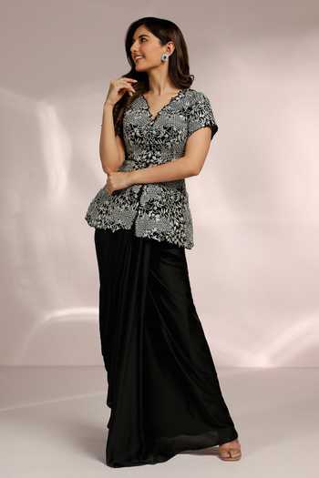 Label Moni K Black Bloom Jaal Embroidered Peplum Set 