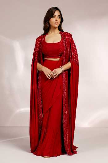 Label Moni K Cutdana Embroidered Red Cape & Ruffle Saree Set 