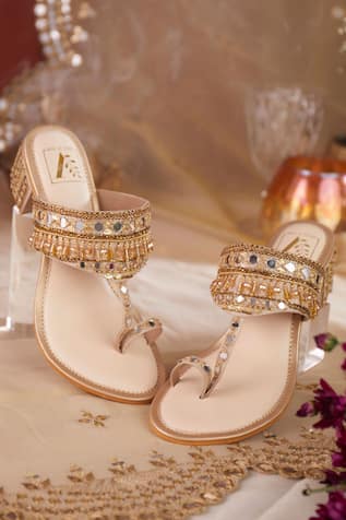 Gold Crystal Embellished Block Heels 