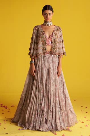 Studio Bagechaa Sanya Abstract Print & Embroidered Cape & Lehenga Set 