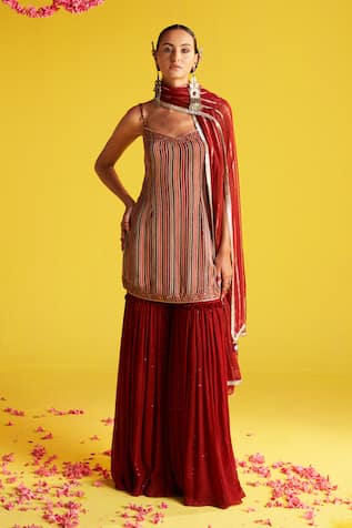 Studio Bagechaa Reema Striped Print & Embroidered Kurta Sharara Set 