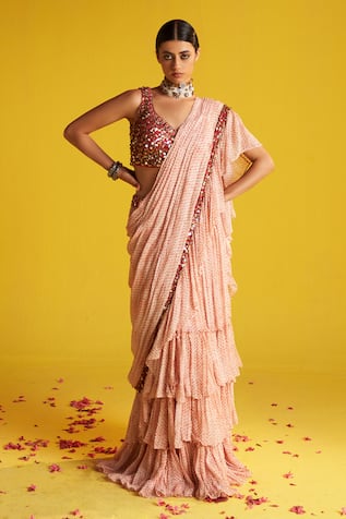 Studio Bagechaa Polka Print Pre-Draped Ruffle Saree Set 