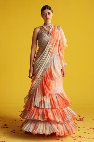 Studio Bagechaa Multi Color Tie Dye Pre-Draped Ruffle Saree 