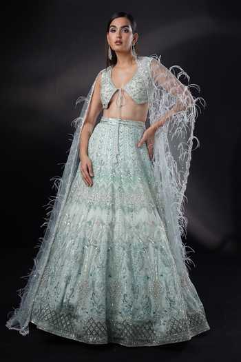 Ronak And Shruti Feather Embroidered Cape Lehenga Set 