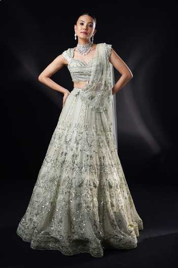 Ronak And Shruti Sage Green 3D Flower Applique Lehenga Set 