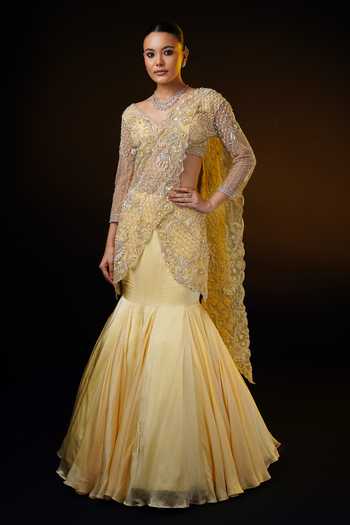 Ronak And Shruti Gold Embroidered Draped Fishcut Lehenga Saree 