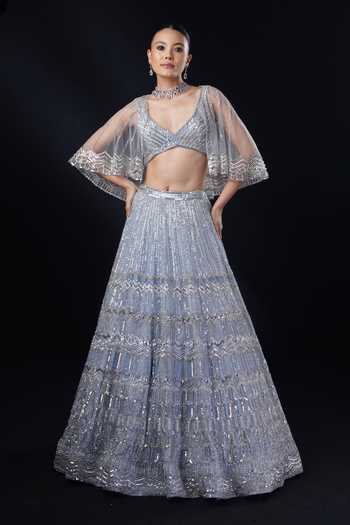 Ronak And Shruti Geometric Embroidered Cape Lehenga Set 