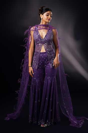 Ronak And Shruti Plum Purple Sequin Embroidered Sharara Set 