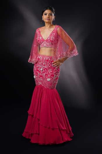 Ronak And Shruti Coral Sequin Embroidered Cape Lehenga Set 