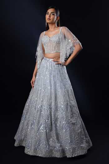 Ronak And Shruti Geometric Border Cape Lehenga Set 