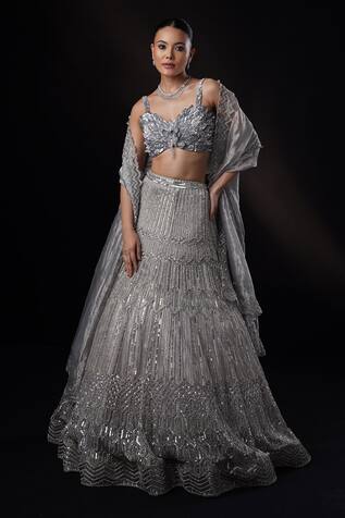Geometric Embroidered Grey Lehenga Set 