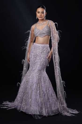 Ronak And Shruti Feather Embroidered Cape Lehenga Set 