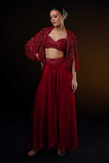 Ronak And Shruti Red Embroidered Jacket & Flared Pant Set 