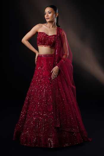 Ronak And Shruti Burgundy Embroidered Lehenga Set 