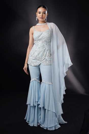 Ronak And Shruti Blue Baroque Embroidered Kurta Sharara Set 