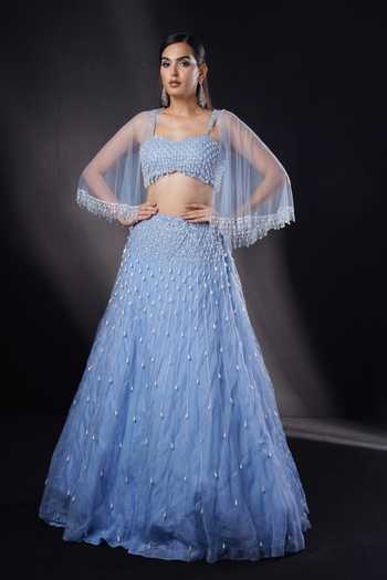 Ronak And Shruti Sapphire Blue Pearl Embellished Lehenga Set 