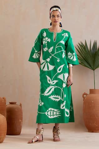 Indian Summer Story Avocado Green Floral Embroidered Midi Dress 