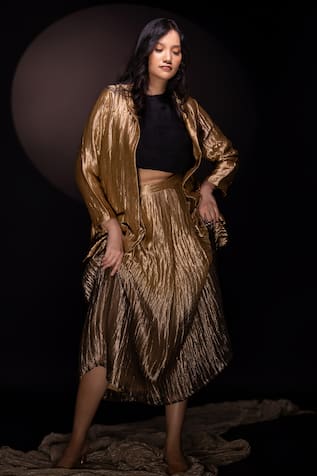 Chambray & CO. Gold Textured Blazer & Ombre Skirt Set 