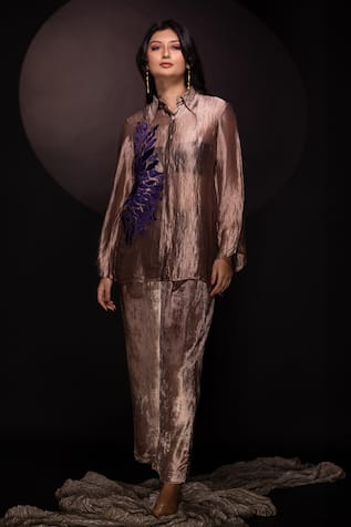 Chambray & CO. Champagne Floral Applique Shirt & Pant Set 