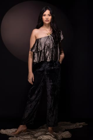 Chambray & CO. Pleated One Shoulder Top & Pant Set 