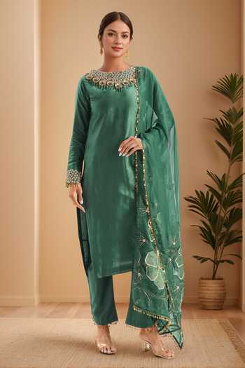 Shreeka Zardozi Embroidered Green Kurta Set 