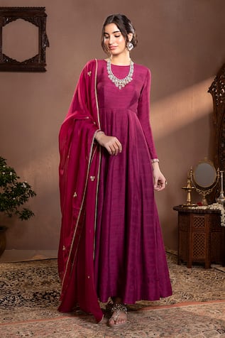 Krishna Padia Munga Silk Anarkali Set With Embroidered Dupatta 