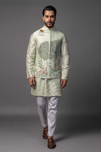 PAARSH Pastel Mint Green Kantha Embroidered Bundi Set 